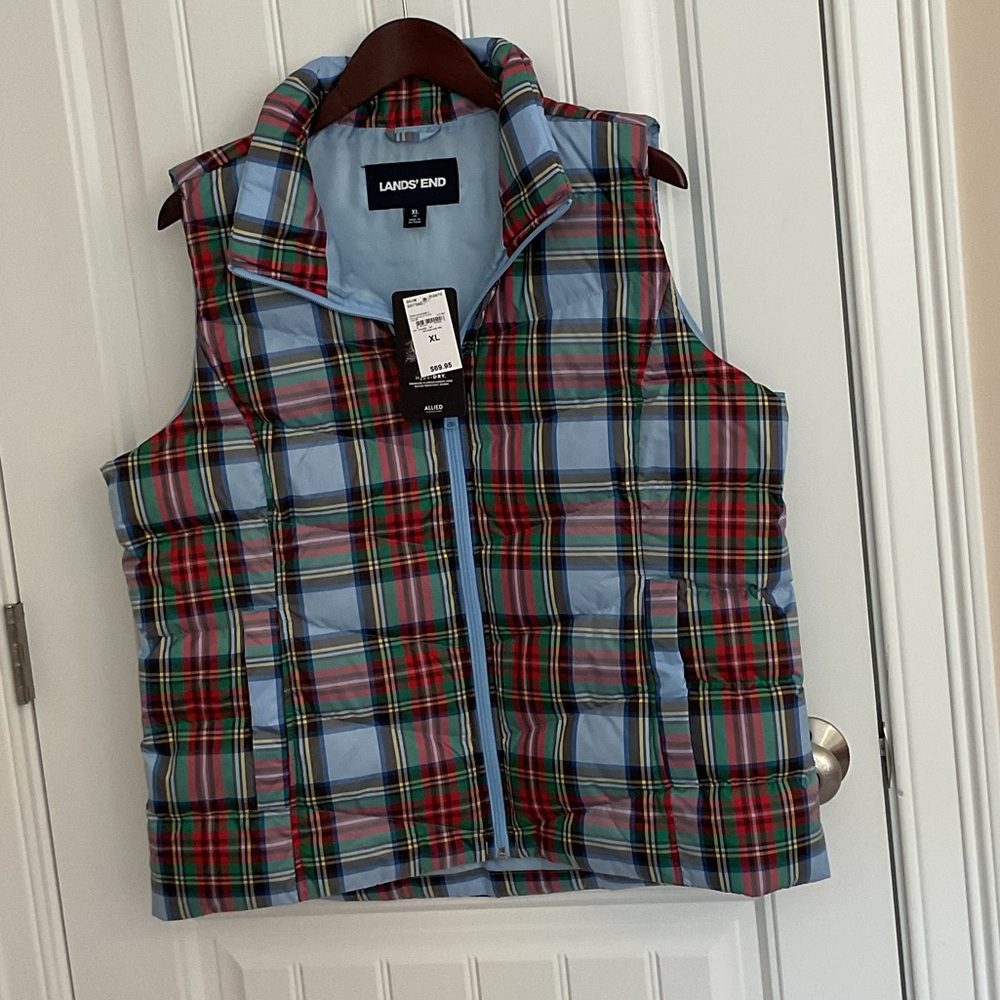 Lands' End womens Colorful Plaid Puffer Vest new XL Holiday Preppy